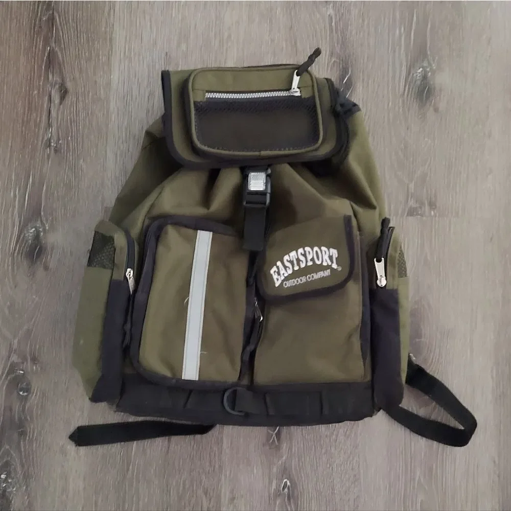 Vintage Eastport Olive Green Multi-Pocket Outdoor-Style Cinch Backpack